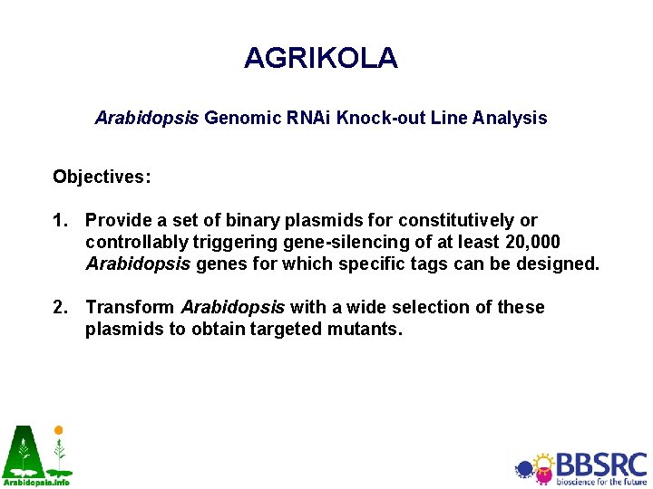 AGRIKOLA Arabidopsis Genomic RNAi Knock-out Line Analysis Objectives: 1. Provide a set of binary AGRIKOLA Arabidopsis Genomic RNAi Knock-out Line Analysis Objectives: 1. Provide a set of binary