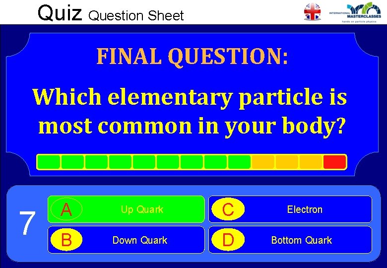 Quiz Question Sheet FINAL QUESTION: Which elementary particle is most common in your body?