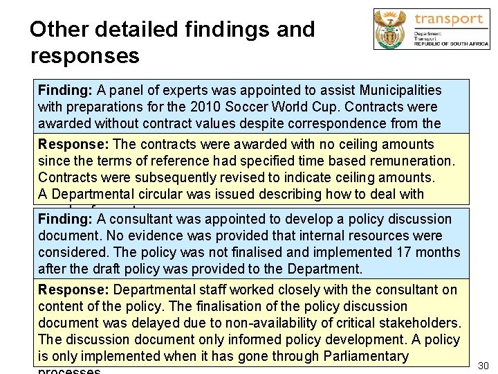 Other detailed findings and responses Finding: A panel of experts was appointed to assist