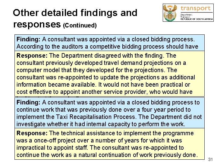 Other detailed findings and responses (Continued) Finding: A consultant was appointed via a closed