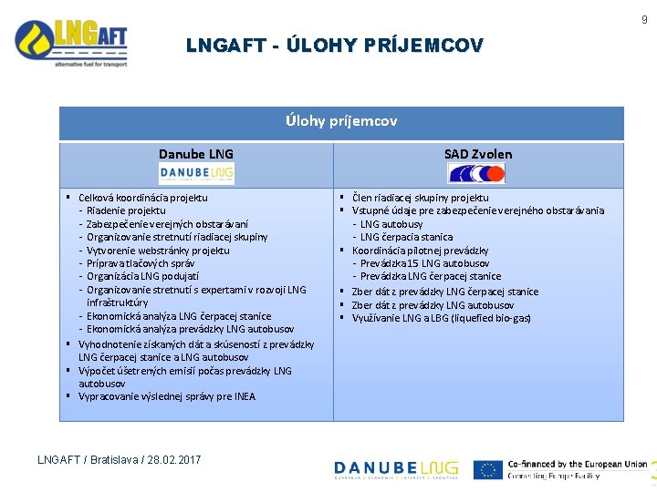 9 LNGAFT - ÚLOHY PRÍJEMCOV Úlohy príjemcov Danube LNG § Celková koordinácia projektu ‐