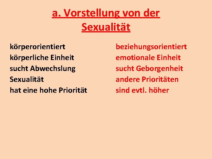 a. Vorstellung von der Sexualität körperorientiert körperliche Einheit sucht Abwechslung Sexualität hat eine hohe