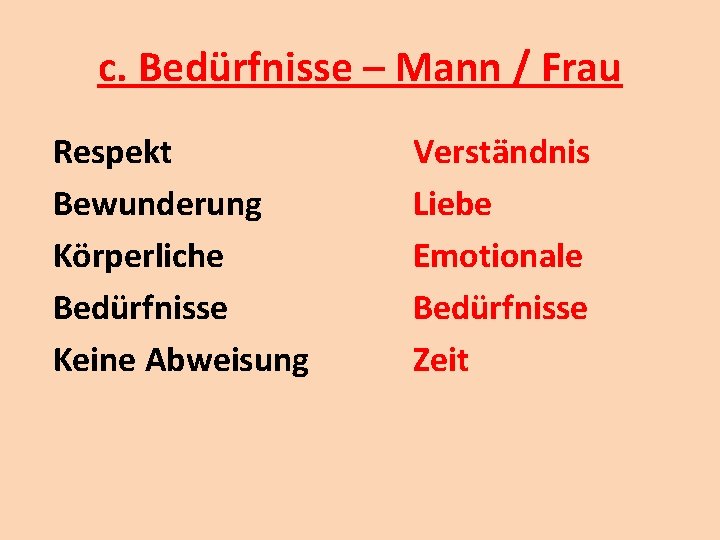 c. Bedürfnisse – Mann / Frau Respekt Bewunderung Körperliche Bedürfnisse Keine Abweisung Verständnis Liebe