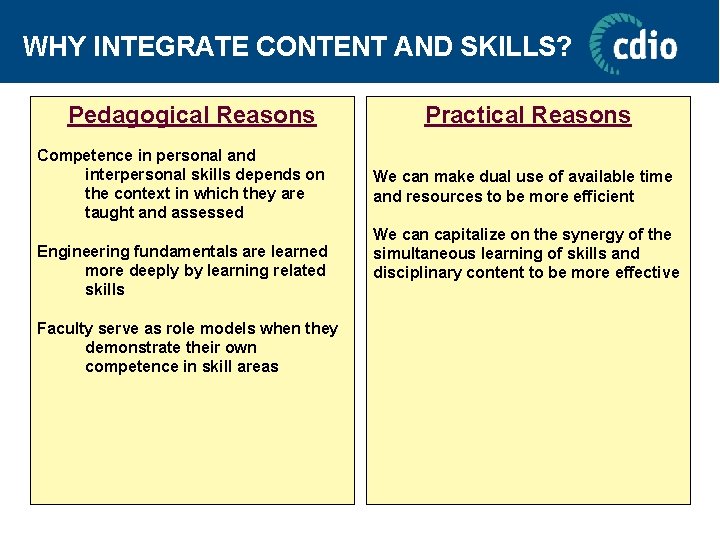 WHY INTEGRATE CONTENT AND SKILLS? Pedagogical Reasons Competence in personal and interpersonal skills depends