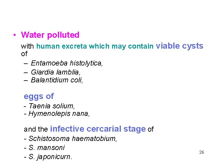  • Water polluted with human excreta which may contain viable cysts of –