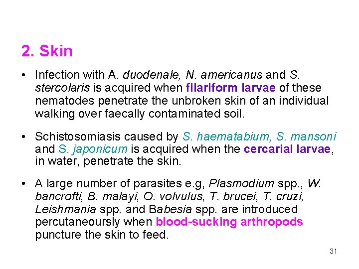 2. Skin • Infection with A. duodenale, N. americanus and S. stercolaris is acquired