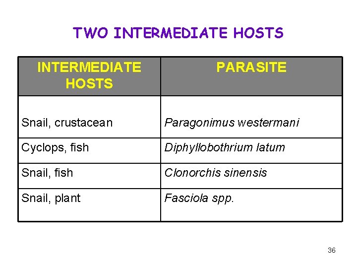 TWO INTERMEDIATE HOSTS PARASITE Snail, crustacean Paragonimus westermani Cyclops, fish Diphyllobothrium latum Snail, fish