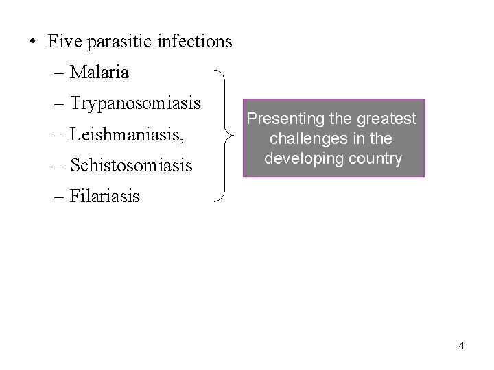  • Five parasitic infections – Malaria – Trypanosomiasis – Leishmaniasis, – Schistosomiasis Presenting