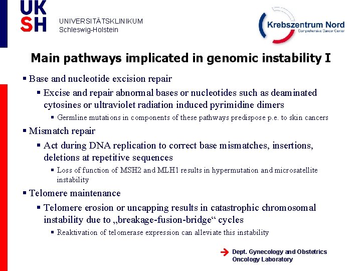 UNIVERSITÄTSKLINIKUM Schleswig-Holstein Main pathways implicated in genomic instability I § Base and nucleotide excision