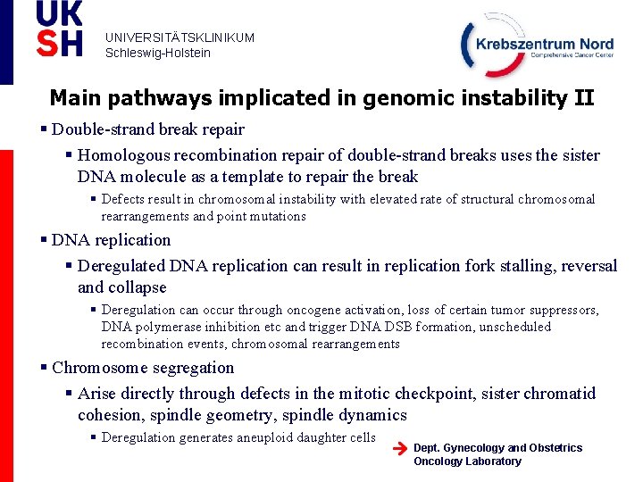 UNIVERSITÄTSKLINIKUM Schleswig-Holstein Main pathways implicated in genomic instability II § Double-strand break repair §