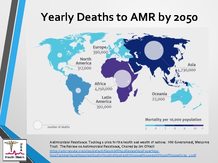 Yearly Deaths to AMR by 2050 Antimicrobial Resistance: Tackling a crisis for the health