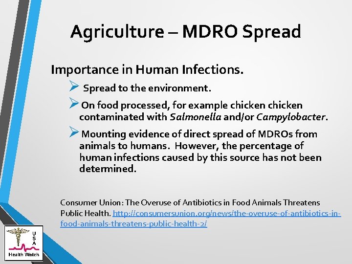 Agriculture – MDRO Spread Importance in Human Infections. Ø Spread to the environment. ØOn