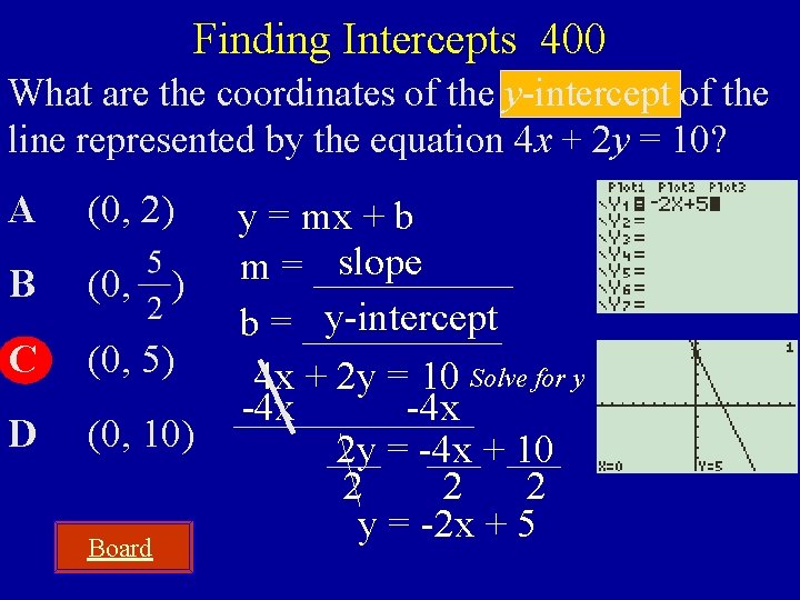 Finding Intercepts 400 What are the coordinates of the y-intercept of the line represented