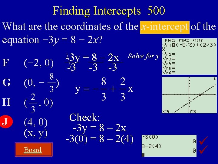 Finding Intercepts 500 What are the coordinates of the x-intercept of the equation −