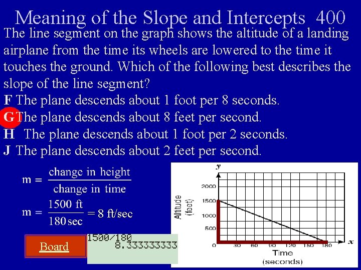 Meaning of the Slope and Intercepts 400 The line segment on the graph shows