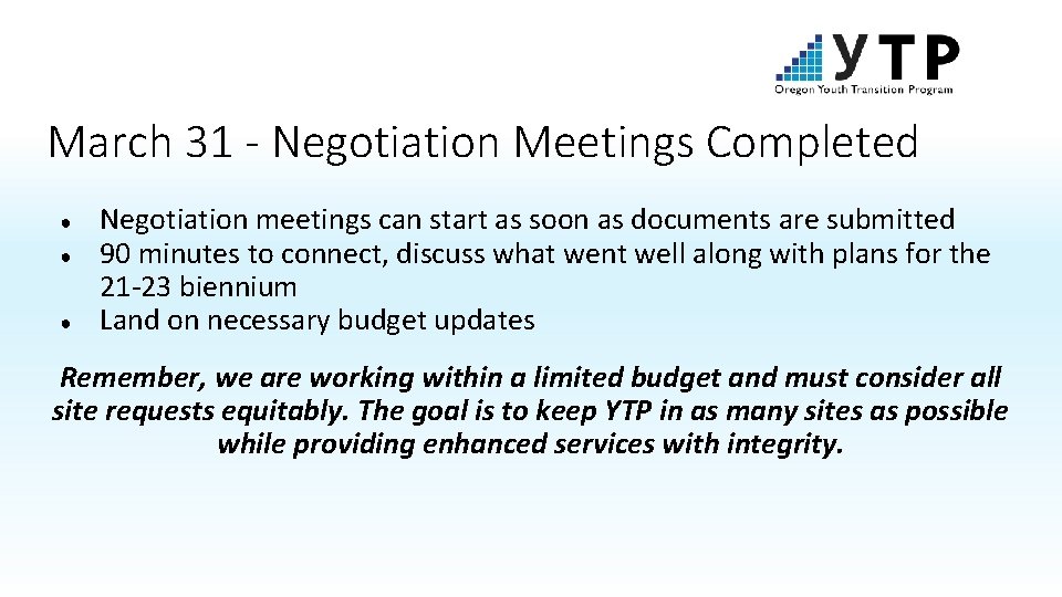 March 31 - Negotiation Meetings Completed ● ● ● Negotiation meetings can start as