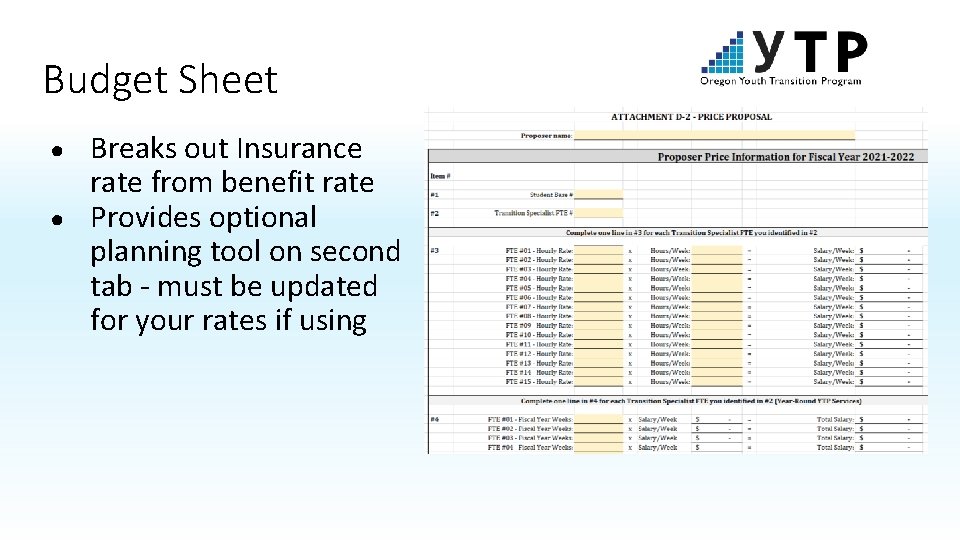 Budget Sheet ● ● Breaks out Insurance rate from benefit rate Provides optional planning