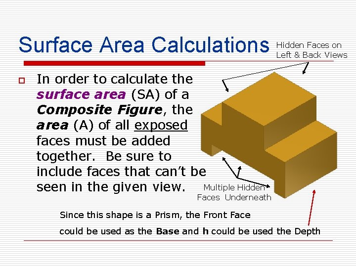 Surface Area Calculations o Hidden Faces on Left & Back Views In order to