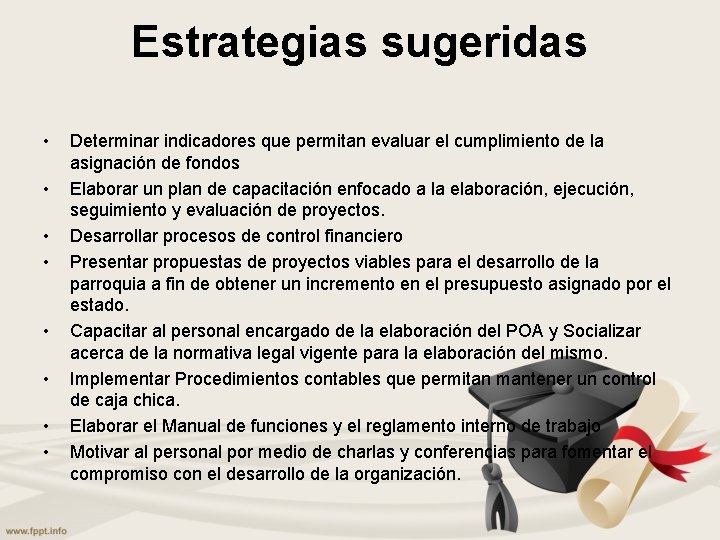 Estrategias sugeridas • • Determinar indicadores que permitan evaluar el cumplimiento de la asignación