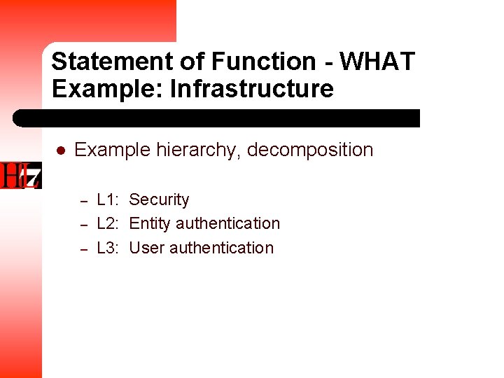 Statement of Function - WHAT Example: Infrastructure l Example hierarchy, decomposition – – –
