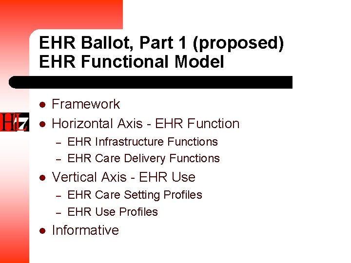 EHR Ballot, Part 1 (proposed) EHR Functional Model l l Framework Horizontal Axis -