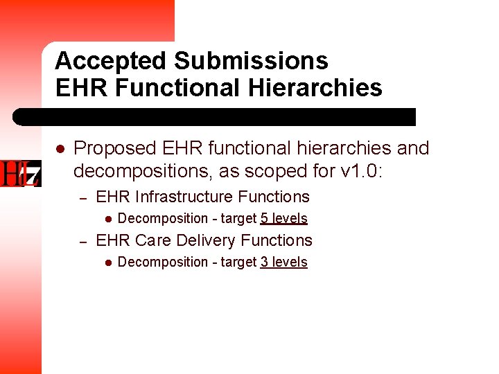 Accepted Submissions EHR Functional Hierarchies l Proposed EHR functional hierarchies and decompositions, as scoped