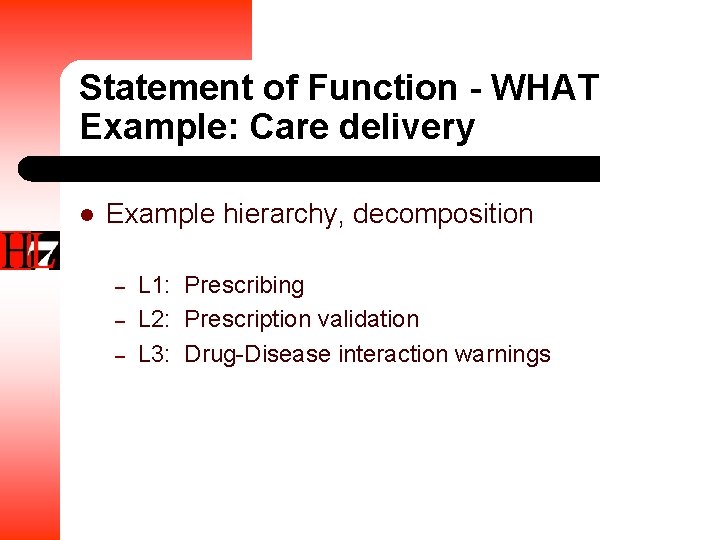 Statement of Function - WHAT Example: Care delivery l Example hierarchy, decomposition – –