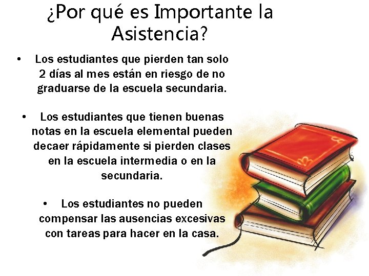 ¿Por qué es Importante la Asistencia? • Los estudiantes que pierden tan solo 2