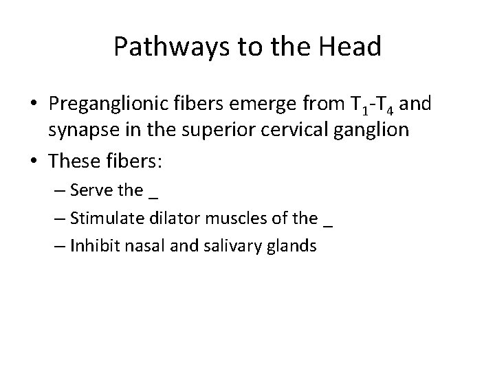 Pathways to the Head • Preganglionic fibers emerge from T 1 -T 4 and