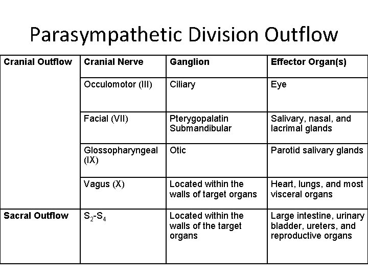 Parasympathetic Division Outflow Cranial Outflow Sacral Outflow Cranial Nerve Ganglion Effector Organ(s) Occulomotor (III)