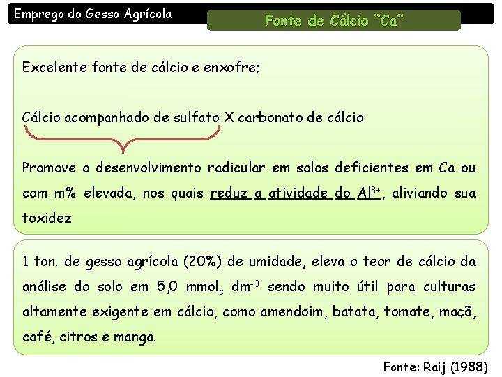 Emprego do Gesso Agrícola Fonte de Cálcio “Ca” Excelente fonte de cálcio e enxofre;