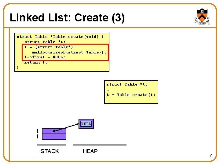 Linked List: Create (3) struct Table *Table_create(void) { struct Table *t; t = (struct