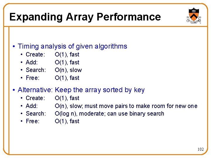 Expanding Array Performance • Timing analysis of given algorithms • • Create: Add: Search: