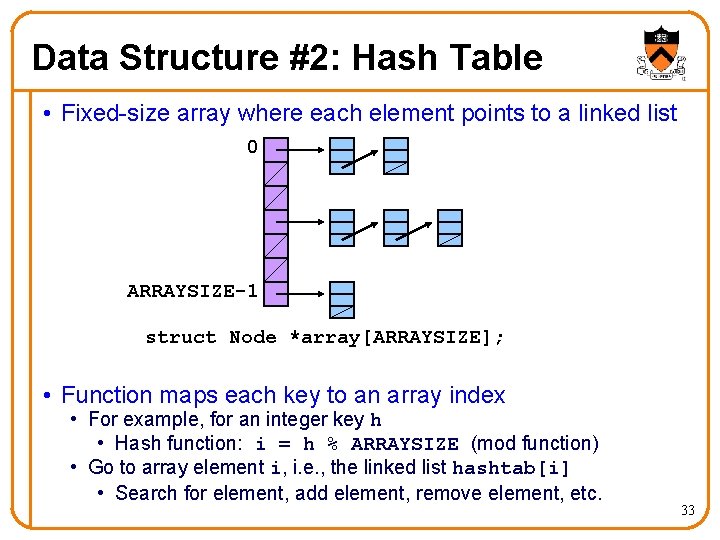 Data Structure #2: Hash Table • Fixed-size array where each element points to a