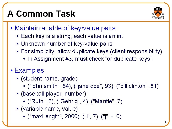 A Common Task • Maintain a table of key/value pairs • Each key is