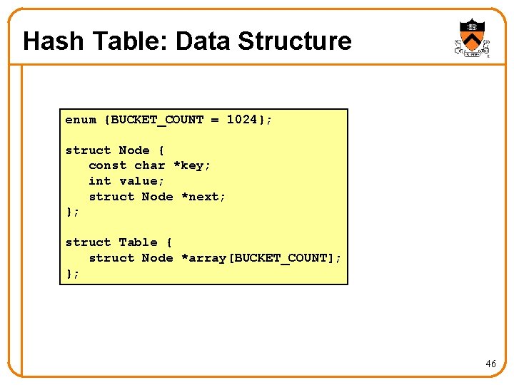 Hash Table: Data Structure enum {BUCKET_COUNT = 1024}; struct Node { const char *key;