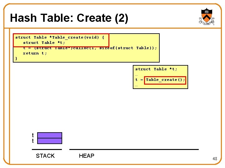 Hash Table: Create (2) struct Table *Table_create(void) { struct Table *t; t = (struct