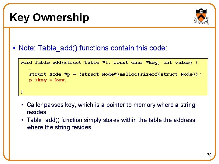 Key Ownership • Note: Table_add() functions contain this code: void Table_add(struct Table *t, const