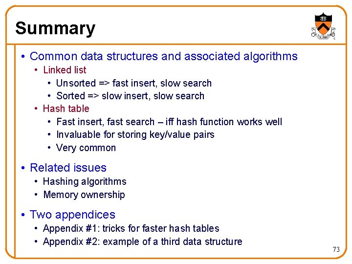 Summary • Common data structures and associated algorithms • Linked list • Unsorted =>