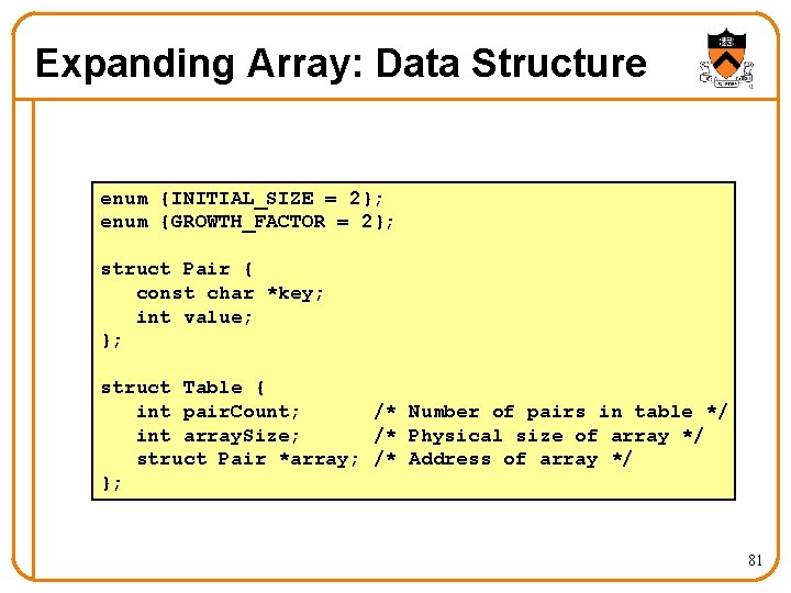 Expanding Array: Data Structure enum {INITIAL_SIZE = 2}; enum {GROWTH_FACTOR = 2}; struct Pair