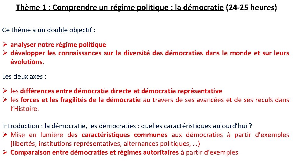 Thème 1 : Comprendre un régime politique : la démocratie (24 -25 heures) Ce