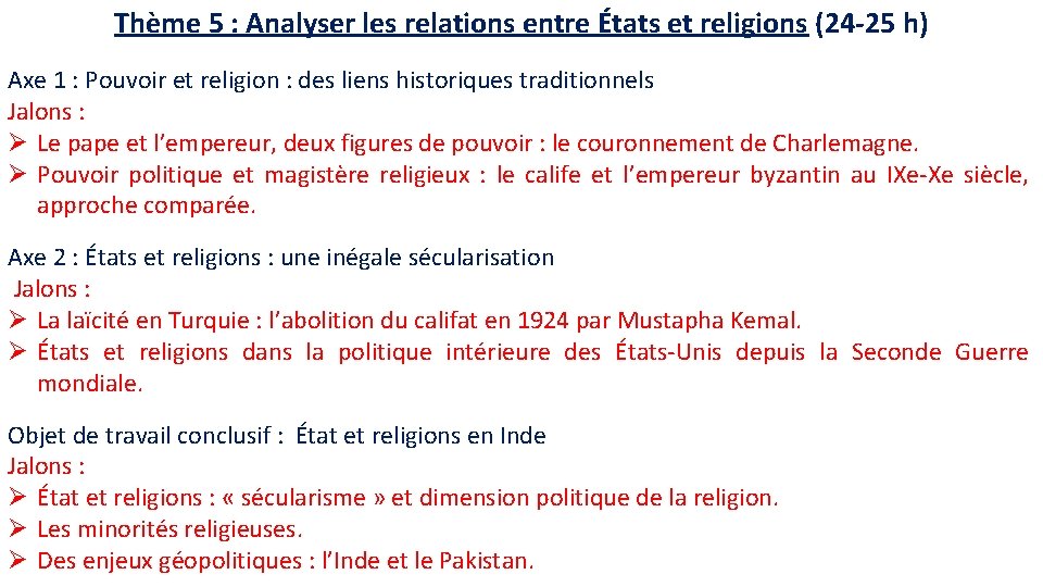 Thème 5 : Analyser les relations entre États et religions (24 -25 h) Axe
