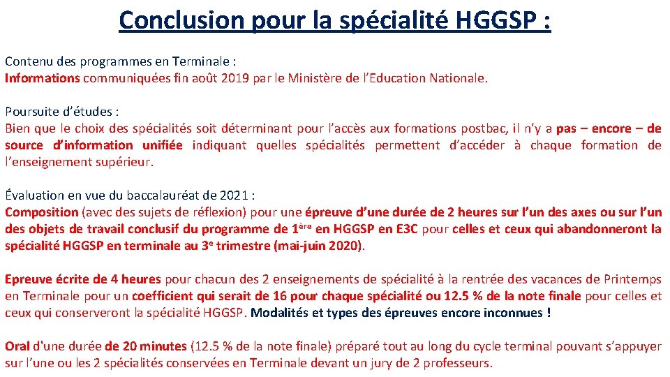 Conclusion pour la spécialité HGGSP : Contenu des programmes en Terminale : Informations communiquées