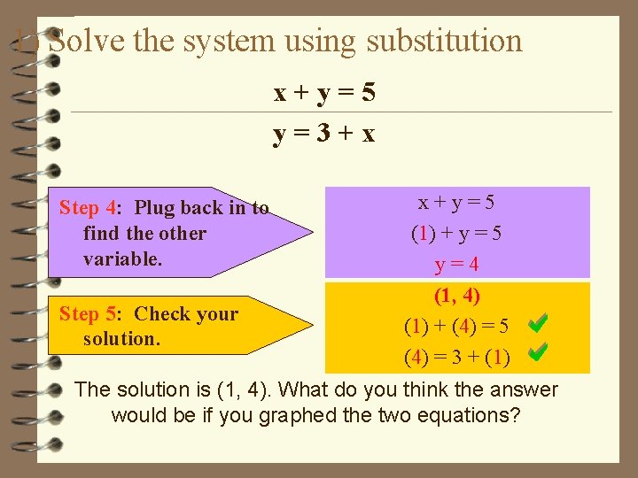 1) Solve the system using substitution x+y=5 y=3+x Step 4: Plug back in to