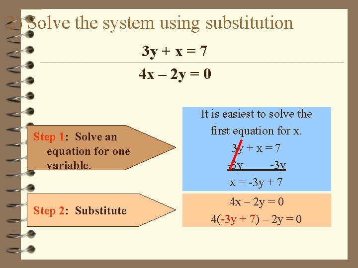 2) Solve the system using substitution 3 y + x = 7 4 x