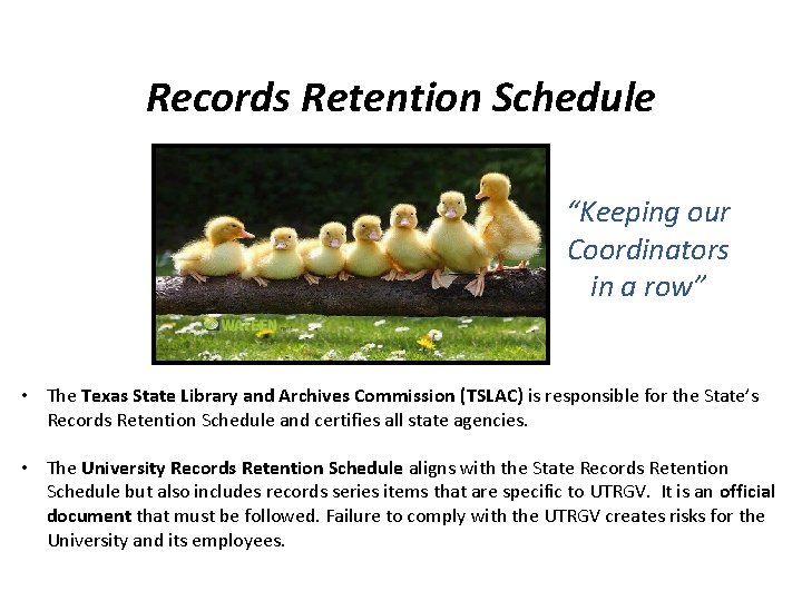 Records Retention Schedule “Keeping our Coordinators in a row” • The Texas State Library