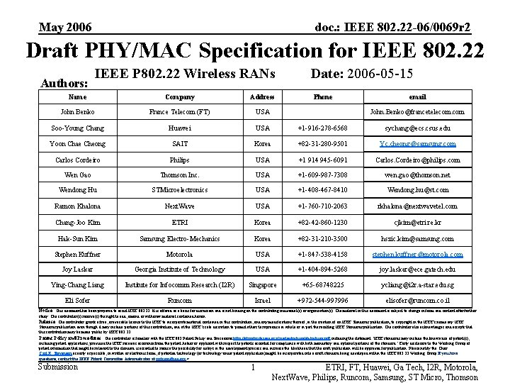 May 2006 doc. : IEEE 802. 22 -06/0069 r 2 Draft PHY/MAC Specification for