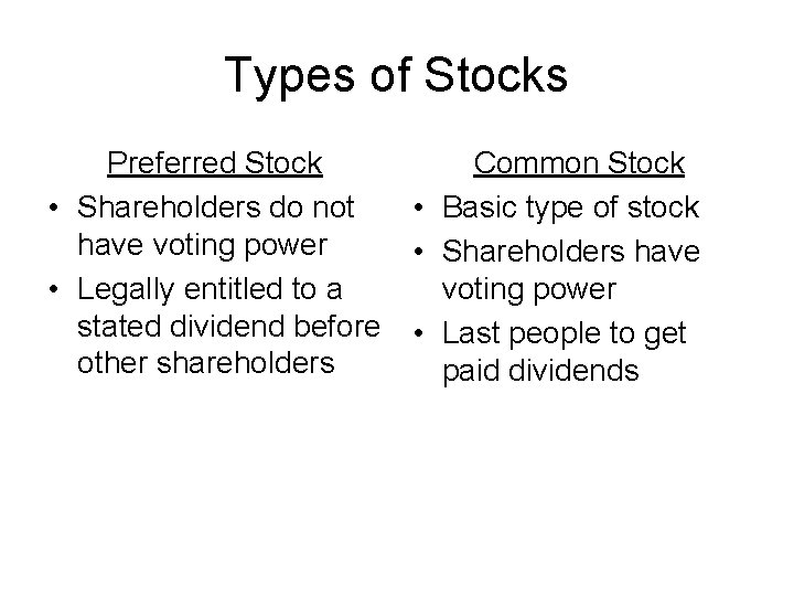 Types of Stocks Preferred Stock • Shareholders do not have voting power • Legally