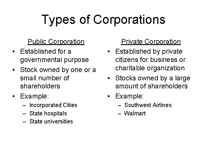Types of Corporations Public Corporation • Established for a governmental purpose • Stock owned