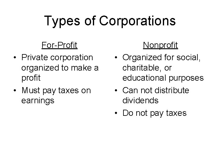 Types of Corporations For-Profit • Private corporation organized to make a profit • Must